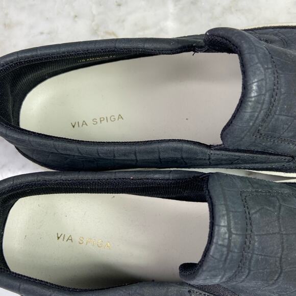 Via Spiga Black Slip On Sneakers Leather Embossed Croc Flatform Size 8 $225 - Picture 8 of 9